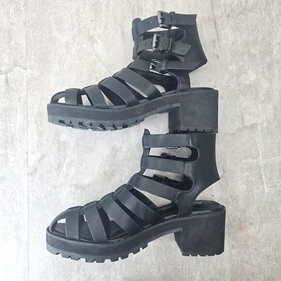Aldo Fisherman Sandals Sz 7 Black Leather Grunge Goth Strappy Caged Chunky Lug - Picture 6 of 12